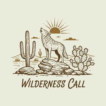 Wolf howling at desert landscape scene.