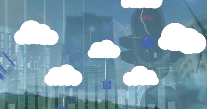 Animation of clouds with diverse technology devices over rotating globe
