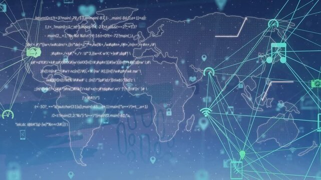 Animation of data processing with world map over network of connections on blue background