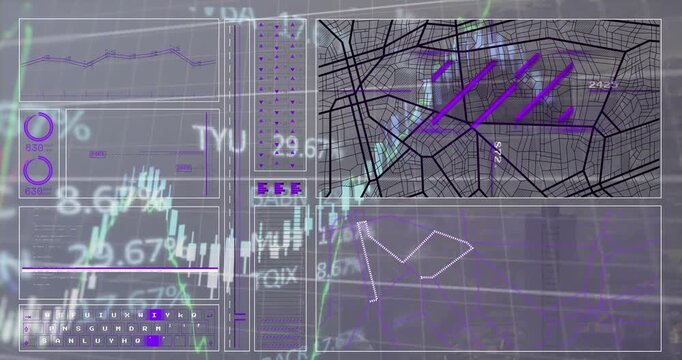 Animation of digital interface and stock market data processing against aerial view of cityscape
