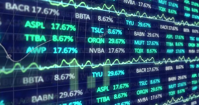 Animation of stock market and statistical data processing against blue background