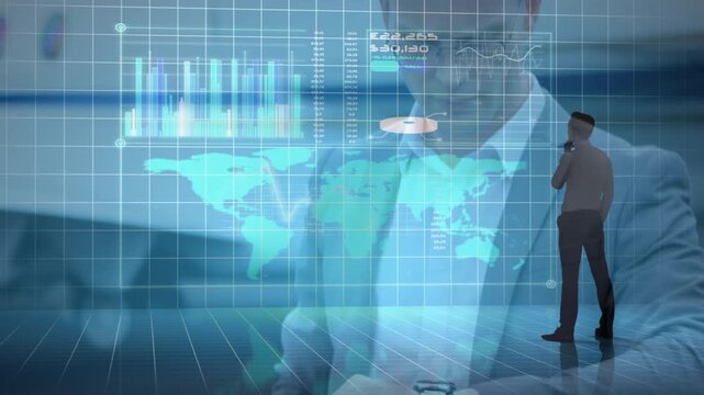 The animation depicts a businessman standing on a runaway and looking at a global business interface