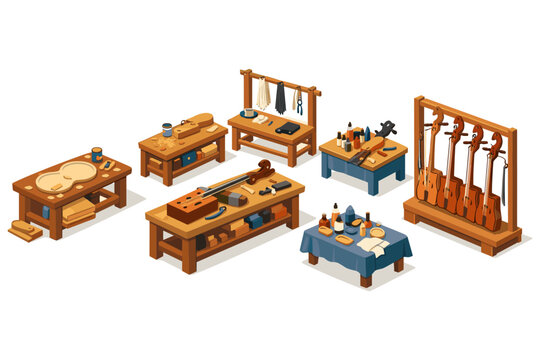 Artisan workshop with tools and string instruments in various stages of completion