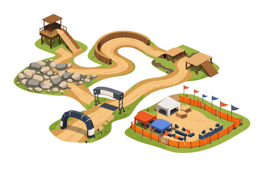 Isometric view of a dirt bike track with obstacles and event setup