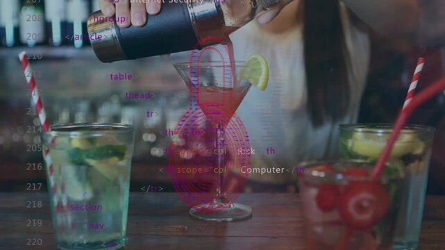 Animation of security padlock icon against mid section of female bartender making cocktails