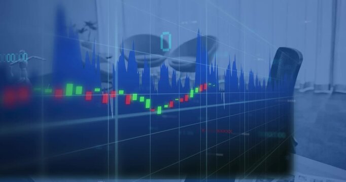 Animation of financial data processing against empty office