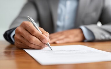 Fototapeta premium Lawyer signing a business contract on a wooden desk with a pen
