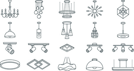Chandelier and pendant lamp lighting icons set, modern interior light fixture line art collection, ceiling furniture vector illustration on transparent background © Надія Кускова