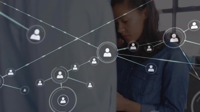 Animated video shows global network connections over two Caucasian males.