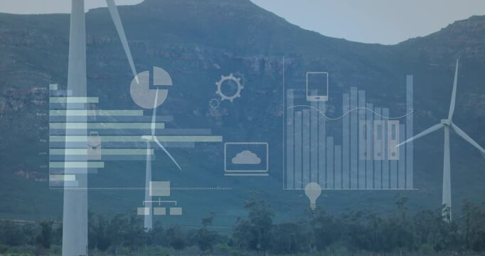 Animation of icons and graphs over windmills against mountains and sky