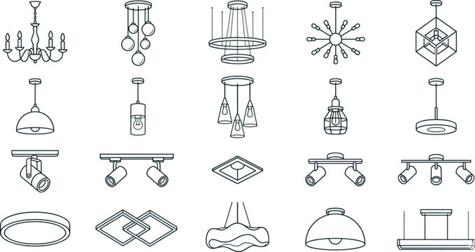 Chandelier and pendant lamp lighting icons set, modern interior light fixture line art collection, ceiling furniture vector illustration on transparent background