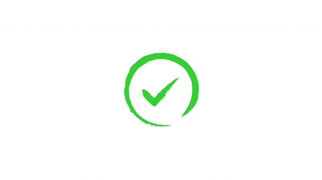 Animated green grunge checkmark circle icon, hand-drawn brush stroke style draw-on animation on white background, 4K 16:9, great for organic, casual and creative video overlays.
