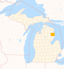 Fototapeta premium Map of the County Alcona (Michigan, US) showing the Federal State with the highlighted County