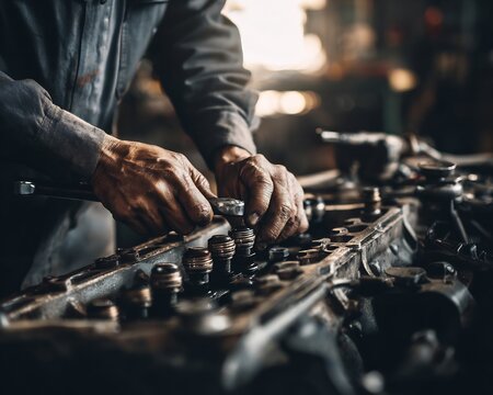 Over shoulder view of mechanic working vehicle engine workshop replacing spark plug socket wrench set tool arranged around hand actively repairing camera behind subject no face visible industrial