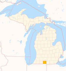 Obraz premium Map of the County Branch (Michigan, US) showing the Federal State with the highlighted County