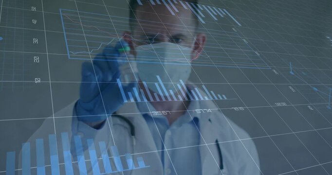 mid adult doctor inspecting sample vial in medical lab displaying moving charts, graphs, grid lines
