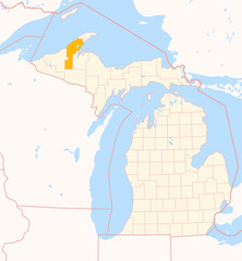 Fototapeta premium Map of the County Houghton (Michigan, US) showing the Federal State with the highlighted County