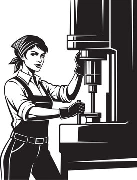 Vintage style of female factory worker operating heavy industrial drilling machine representing historical labor and women empowerment