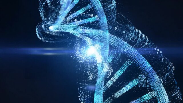 Dynamic glowing digital DNA helix rotating with particles and binary code, in dark laboratory, symbolizing genetics, life science and medical research, for technology