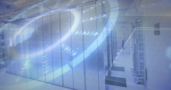 Blue circular overlay sweeping across server cabinets, triggered by data pulse to show network flow