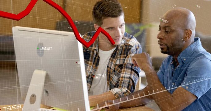 Two analysts reacting to red trend line dip on monitor, pointing and identifying finance insight