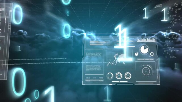Cloud light drifting initiating binary digits flowing while HUDs sliding and stacking to show data
