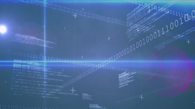 Digital hub starting with blue band, seeding code panels, bit streams moving then settling for tech