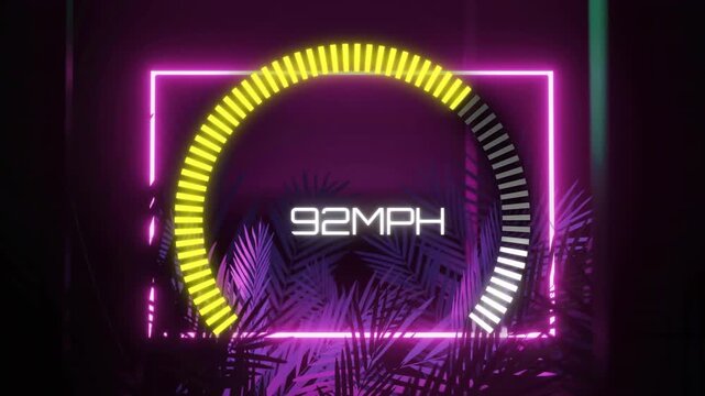 Gauge animating upon neon frame appearing, ticks filling clockwise, readout fluctuating showing MPH