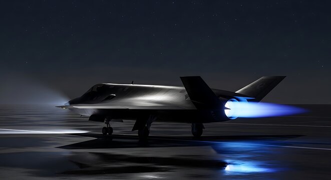 Stealth fighter jet on a runway at night with blue lights