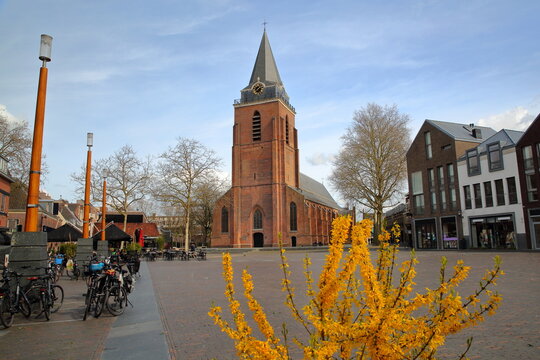 The Petruskerk church and Kerkplein square with historic houses in Woerden, Utrecht, Netherlands