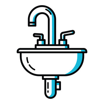 Wall mounted sink with single handled faucet and two knobs  modern bathroom fixture icon