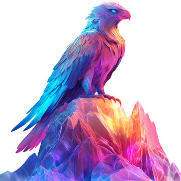 Colorful holographic gryphon perched on futuristic rock clipart on transparent background