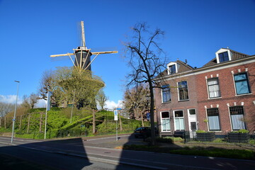 Obraz premium The windmill Windhond (built in 1755) and historic houses in Woerden, Utrecht, Netherlands