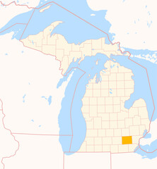 Fototapeta premium Map of the County Washtenaw (Michigan, US) showing the Federal State with the highlighted County