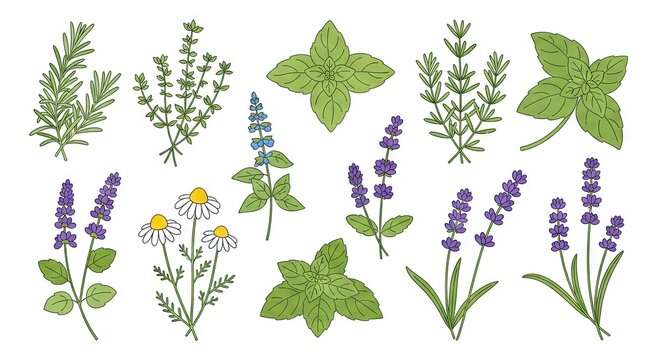 Collection of various herbs and flowers isolated on white background