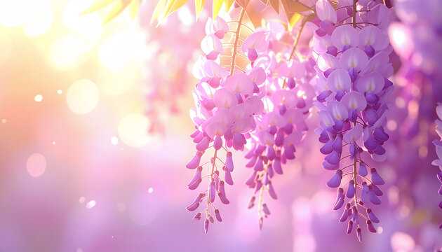 やわらかな光に包まれた藤の花の幻想的な春景色、薄いピンクとラベンダーが美しい上品なフラワー背景 Dreamy spring wisteria flowers wrapped in soft light, an elegant floral background with pale pink and lavender hues