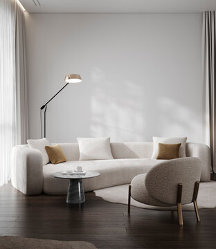 Minimal modern living room with sofa armchair and floor lamp