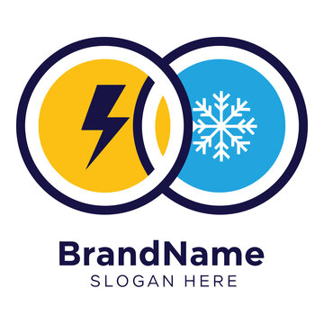 Yellow lightning bolt and white snowflake in overlapping circles template icon