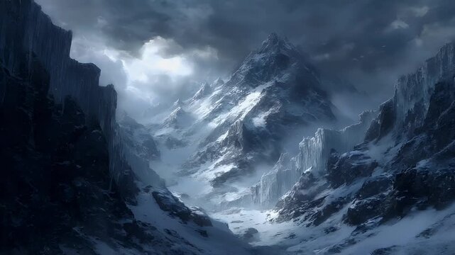 Winter season adventure exploration. A dramatic digital artwork depicts a mountainous landscape dominated by snowcovered peaks and jagged rock formations. The sky is filled with dark, stormy clouds.