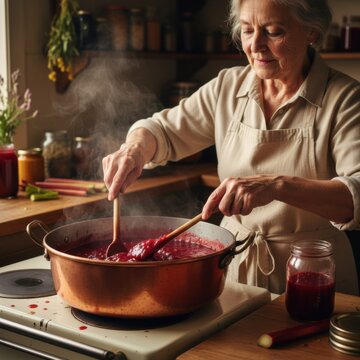 Senior woman stirring rhubarb jam in a copper pot on a farmhouse stove for a traditional recipe, cooking domestic scene with steam and rustic kitchen background