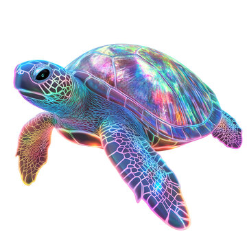 holographic sea turtle with iridescent shell clipart on transparent background