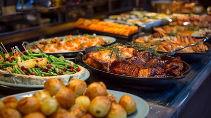 Obraz premium Buffet service presenting a wide selection of hot and cold meals for a celebratory event