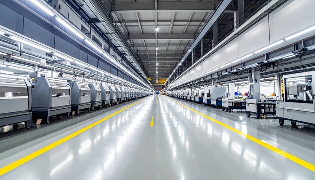 Modern industrial aisle with machinery under bright symmetrical lighting