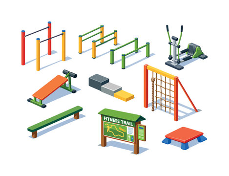 Collection of outdoor fitness equipment and park amenities in isometric view