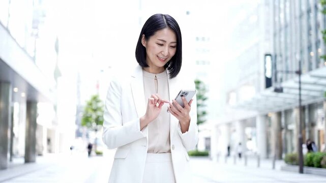ビジネス街を歩きながらスマートフォンを操作して笑顔で顔を上げるスーツの女性