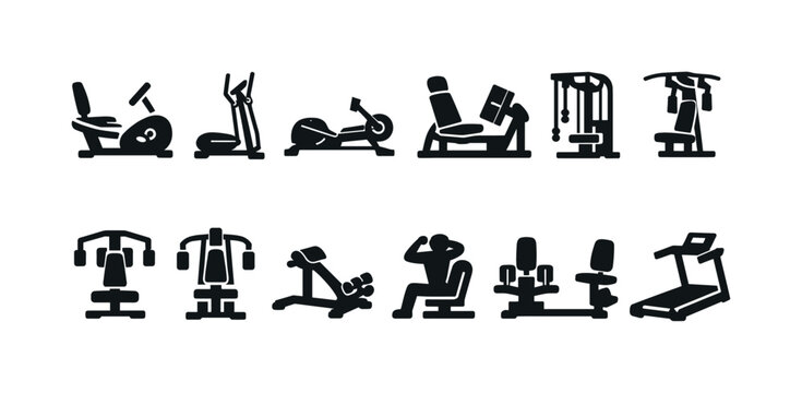 Collection of black icons representing various gym equipment and exercise machines
