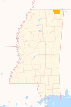 Map of the County Alcorn (Mississippi, US) showing the Federal State with the highlighted County