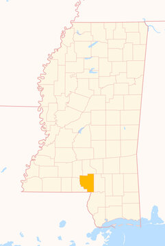 Map of the County Marion (Mississippi, US) showing the Federal State with the highlighted County