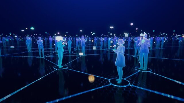 3D Animation: Moving Through Crowd of People in Digital Space with Icons, Emoji and Messages. User Avatars in Virtual World of Social Media, Internet and Content. Connected Digital Society.
