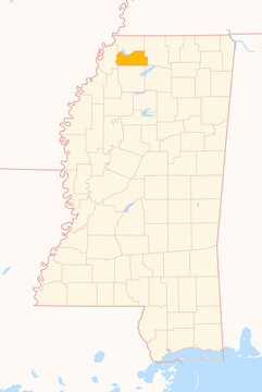 Map of the County Tate (Mississippi, US) showing the Federal State with the highlighted County
